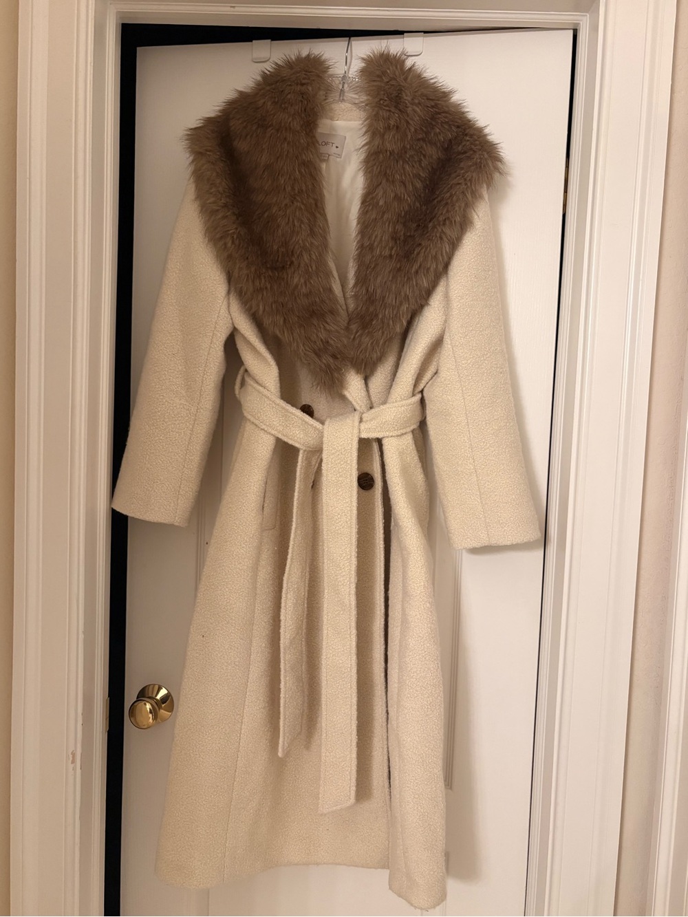 Loft Cream Coat with Brown Faux Fur Collar